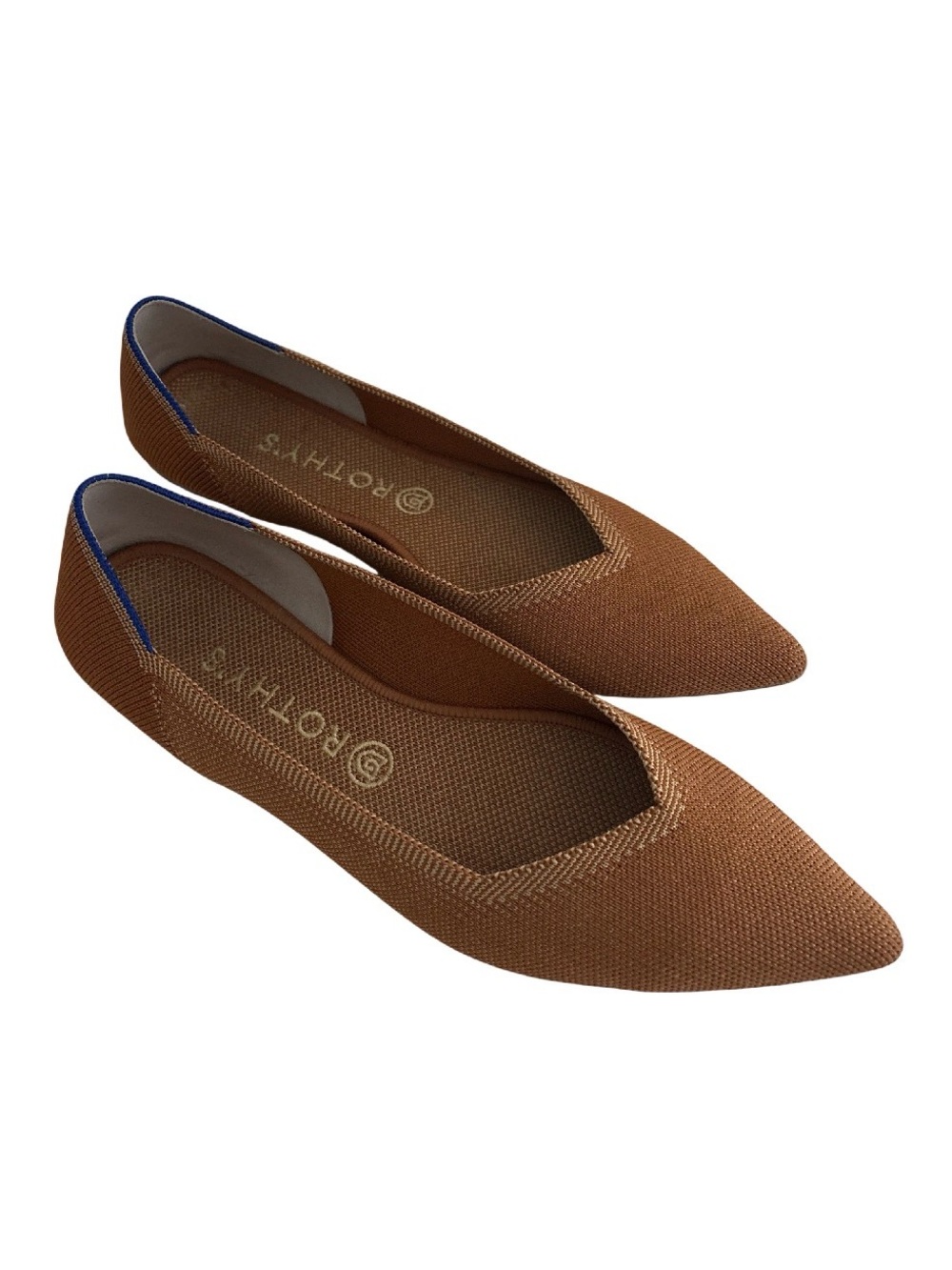 Rothy's Pointed Knit Flats - Brown with Blue Trim